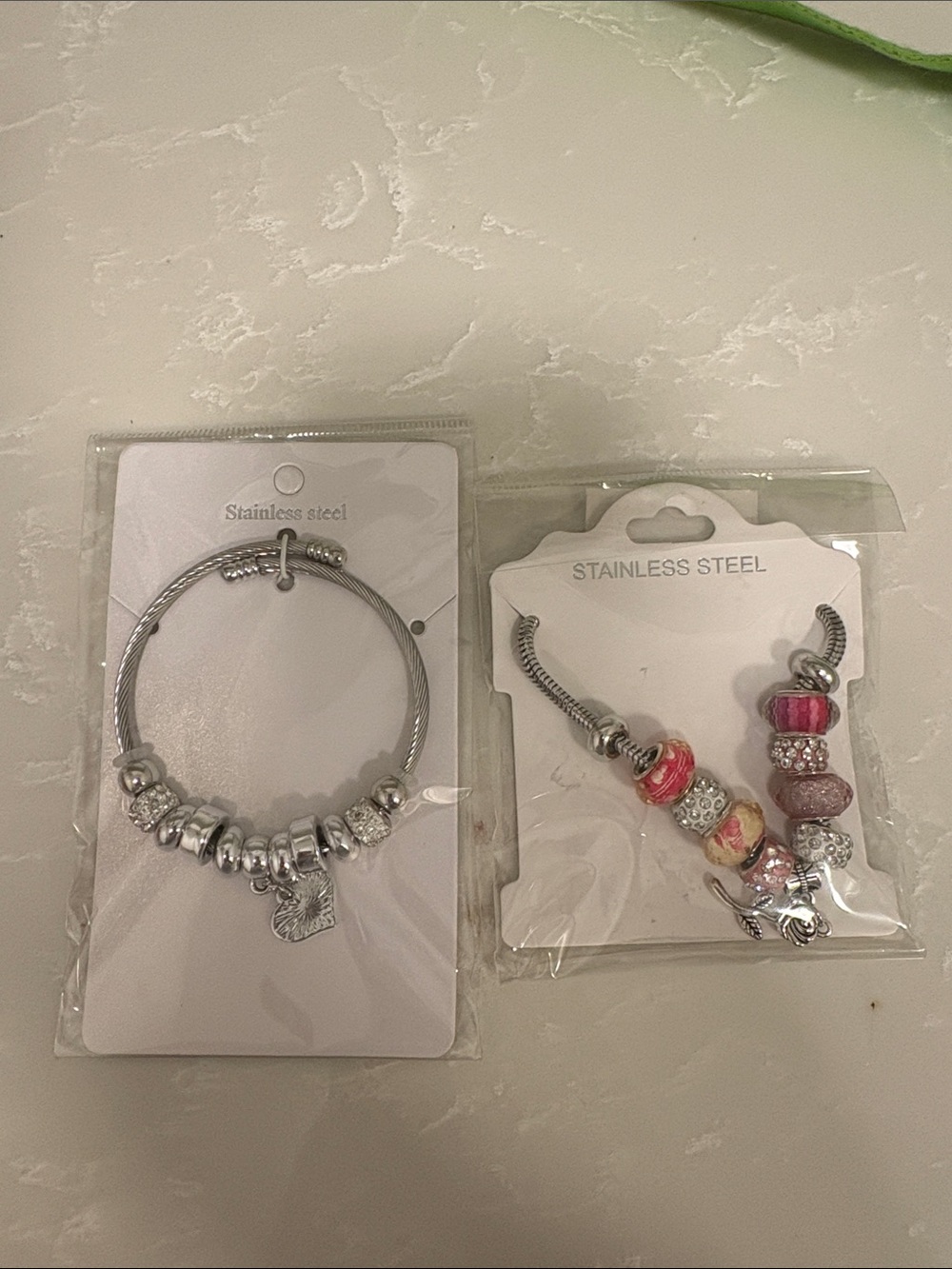 Stainless Steel Silver Charm Bracelet with Pink Accent Charms